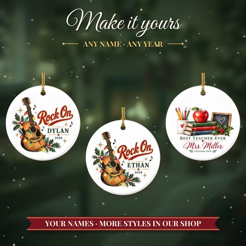 Guitar Ornament Christmas 2026, Guitar Player Gift for Musician, Rock On Custom Name Keepsake, Acoustic Lights Music Lover Ceramic Decor image 3