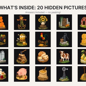 May include: A grid of 20 illustrations titled WHAT'S INSIDE: 20 HIDDEN PICTURES. The images feature farm-themed items including pumpkins, a scarecrow, sunflowers, a barn, a tractor, a beehive, a rooster, a water pump, hay bales, milk cans, firewood, bread, a cow, pears, a cooking pot, a pig, a sack of grain, a windmill, and garden tools.