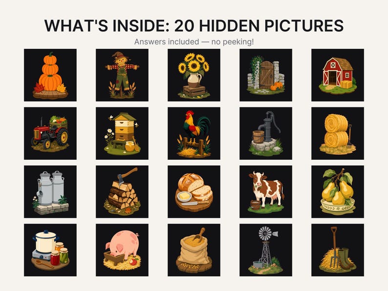 May include: A grid of 20 illustrations titled WHAT'S INSIDE: 20 HIDDEN PICTURES. The images feature farm-themed items including pumpkins, a scarecrow, sunflowers, a barn, a tractor, a beehive, a rooster, a water pump, hay bales, milk cans, firewood, bread, a cow, pears, a cooking pot, a pig, a sack of grain, a windmill, and garden tools.
