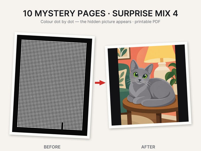Pu&ograve; includere: Un PDF stampabile intitolato 10 MYSTERY PAGES SURPRISE MIX 4 con un'attivit&agrave; di unisci i puntini. L'immagine prima mostra una griglia nera di punti bianchi, e l'immagine dopo mostra un'illustrazione completata di un gatto grigio su un tavolo.