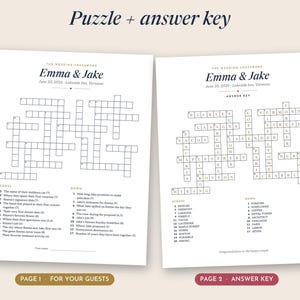May include: Two white sheets of paper featuring a wedding crossword puzzle titled Emma & Jake, dated June 20, 2026, at Lakeside Inn, Vermont. One sheet contains the blank puzzle with clues, while the other displays the completed answer key.