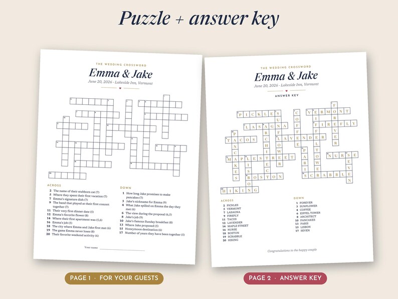 May include: Two white sheets of paper featuring a wedding crossword puzzle titled Emma & Jake, dated June 20, 2026, at Lakeside Inn, Vermont. One sheet contains the blank puzzle with clues, while the other displays the completed answer key.