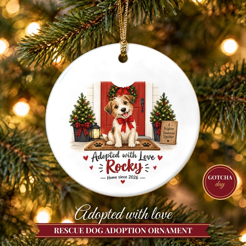Rescue Dog Ornament 2026, Adopted with Love Christmas Ornament with Name, Dog First Christmas, Dog Mom Gift, Adoption Keepsake image 1