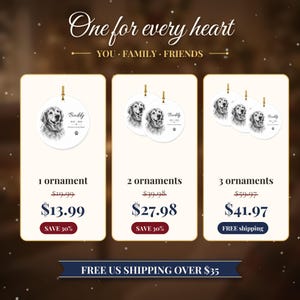 May include: Round white ceramic ornaments featuring a black and white sketch of a Golden Retriever, the name Buddy, the years 2012-2026, and a paw print. The text reads One for every heart, YOU, FAMILY, FRIENDS, and 1, 2, or 3 ornaments.
