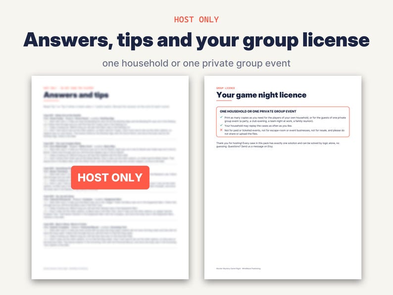 May include: Two white documents with dark blue and red text. The left page is titled Answers and tips with a red HOST ONLY label. The right page is titled Your game night licence and outlines terms for one household or private group event.