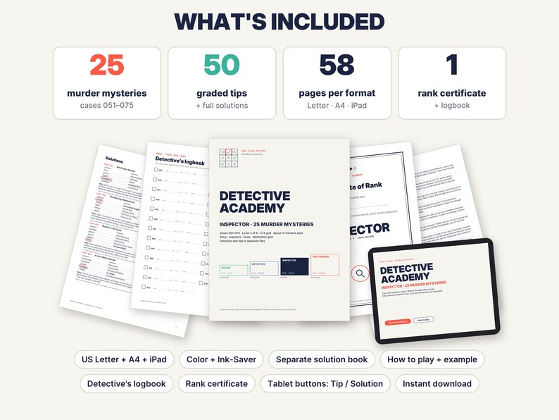 May include: A digital detective game kit titled Detective Academy, including 25 murder mystery cases, 50 graded tips, 58 pages per format, and 1 rank certificate. The set features printable documents in Letter, A4, and iPad formats with a logbook.