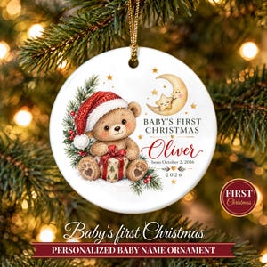 Baby's First Christmas Ornament 2026, Personalized Name Ornament with Teddy Bear, Newborn Keepsake, New Parents Gift, Baby's 1st Christmas image 1