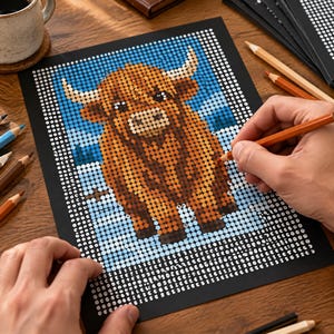 May include: A dot-to-dot or pixel art activity sheet featuring a brown Highland cow with horns against a blue sky background. The sheet is printed on black paper with a grid of white dots and alphanumeric characters for coloring or marking.
