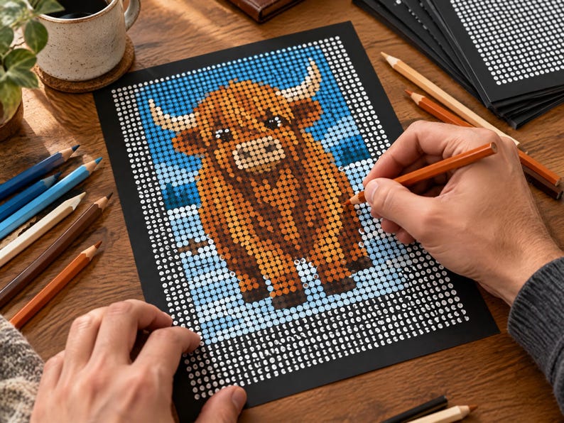 May include: A dot-to-dot or pixel art activity sheet featuring a brown Highland cow with horns against a blue sky background. The sheet is printed on black paper with a grid of white dots and alphanumeric characters for coloring or marking.