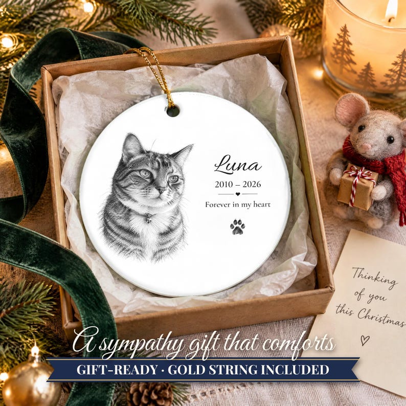Personalized Cat Memorial Ornament from Photo, Custom Cat Portrait Sketch, Cat Memorial Gift, Pet Loss Gift, Cat Sympathy Keepsake zdjęcie 11