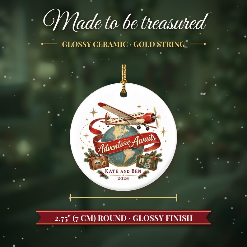 Travel Ornament Christmas 2026, Adventure Awaits Gift for Couple or Family, Airplane Globe Custom Name Keepsake, Wanderlust Ceramic Decor image 5