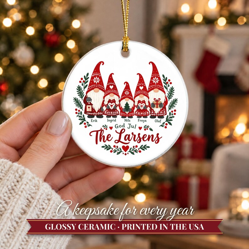 Gnome Family Ornament Christmas 2026, Scandinavian Tomte Family of Five Names Keepsake, Nordic Gnomes Custom Gift, Ceramic Tree Decor image 12