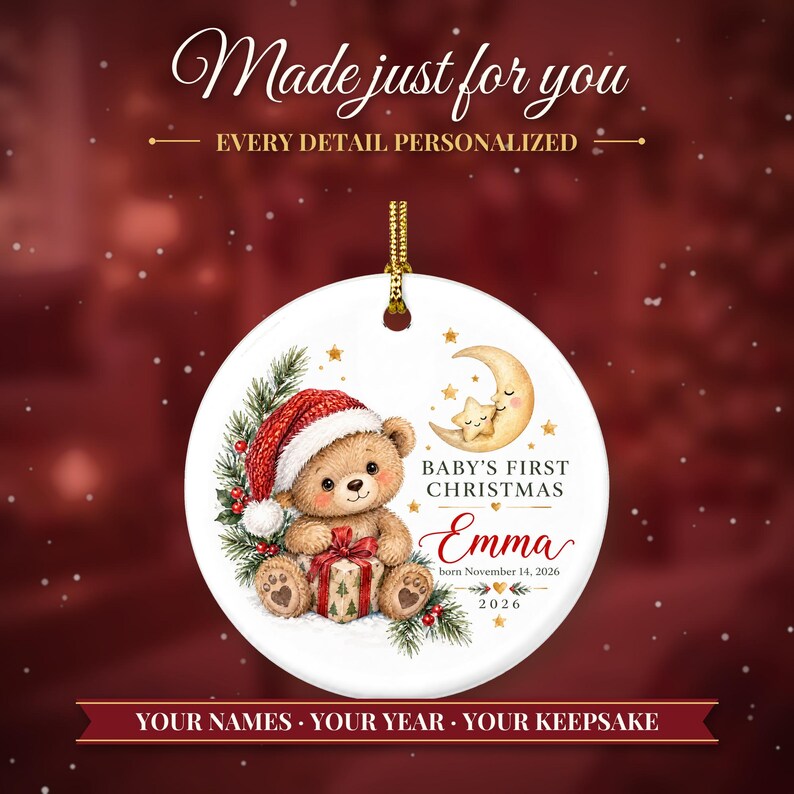 Baby's First Christmas Ornament 2026, Personalized Name Ornament with Teddy Bear, Newborn Keepsake, New Parents Gift, Baby's 1st Christmas image 2