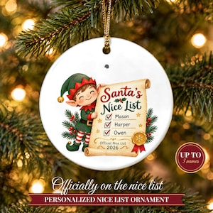 Nice List Ornament Christmas 2026, Santa's Nice List Siblings Names Keepsake, Elf Scroll Custom Kids Gift, Grandkids Ceramic Tree Decor image 1
