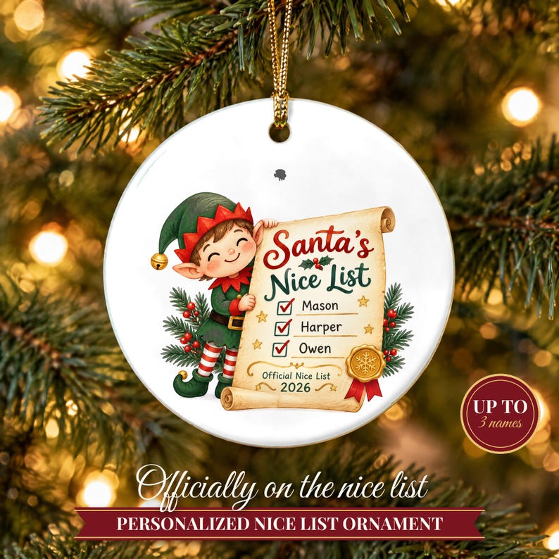 Nice List Ornament Christmas 2026, Santa's Nice List Siblings Names Keepsake, Elf Scroll Custom Kids Gift, Grandkids Ceramic Tree Decor image 1