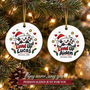 Gamer Ornament Christmas 2026, Gamer Gift for Boys and Teens, Level Up Custom Name Keepsake, Video Game Controller Ceramic Tree Decor image 9