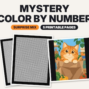 May include: A set of five printable Mystery Color By Number pages featuring a grid of small circles. One page shows a completed illustration of an orange tabby cat sitting inside a brown paper bag surrounded by green plants and vegetables.