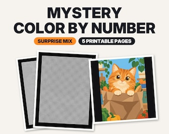 May include: A set of five printable Mystery Colour By Number pages featuring a grid of small circles. One page shows a completed illustration of an orange tabby cat sitting inside a brown paper bag surrounded by green plants and vegetables.