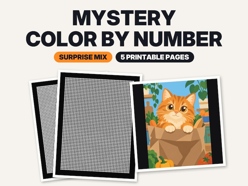 May include: A set of five printable Mystery Color By Number pages featuring a grid of small circles. One page shows a completed illustration of an orange tabby cat sitting inside a brown paper bag surrounded by green plants and vegetables.