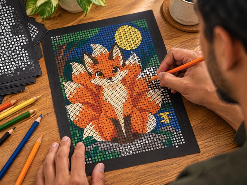 May include: A pixel art style colouring page featuring a multi-tailed fox with orange and white fur, large eyes, and a yellow moon in a dark blue night sky. The image is composed of a grid of small squares, with coloured pencils visible nearby.