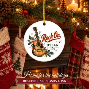 Guitar Ornament Christmas 2026, Guitar Player Gift for Musician, Rock On Custom Name Keepsake, Acoustic Lights Music Lover Ceramic Decor image 8