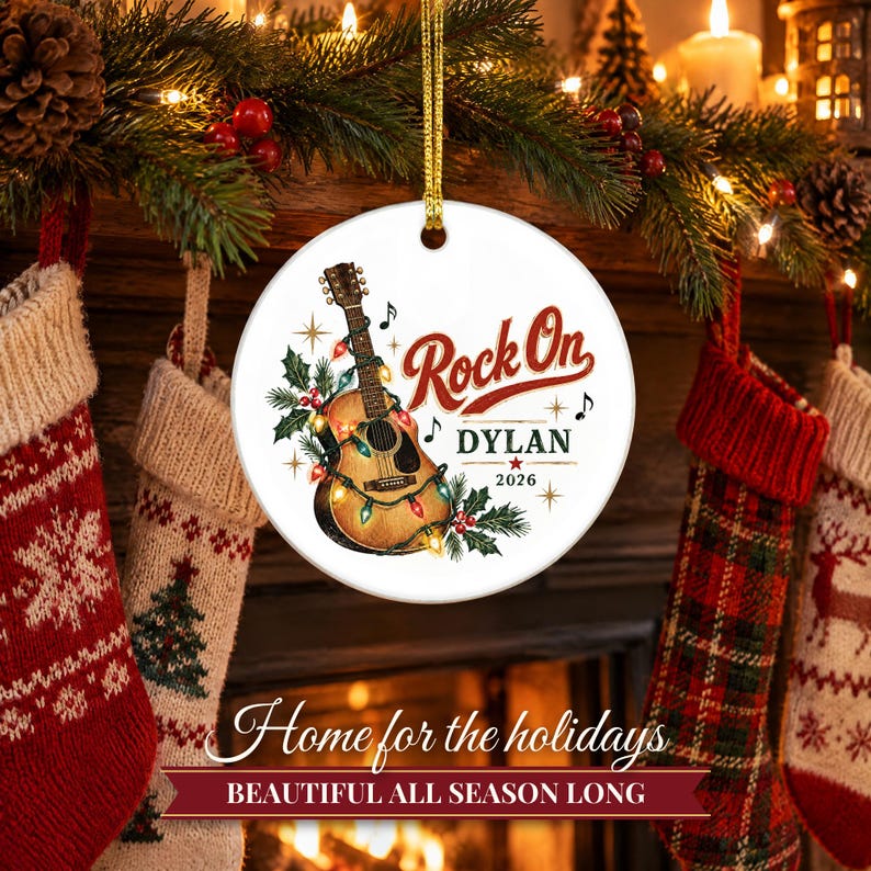Guitar Ornament Christmas 2026, Guitar Player Gift for Musician, Rock On Custom Name Keepsake, Acoustic Lights Music Lover Ceramic Decor image 8