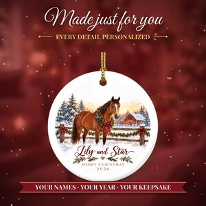 Horse Ornament Christmas 2026, Horse Lover Gift for Girls, Equestrian Name Keepsake, Snowy Barn Country Ceramic Tree Decor for Rider image 2