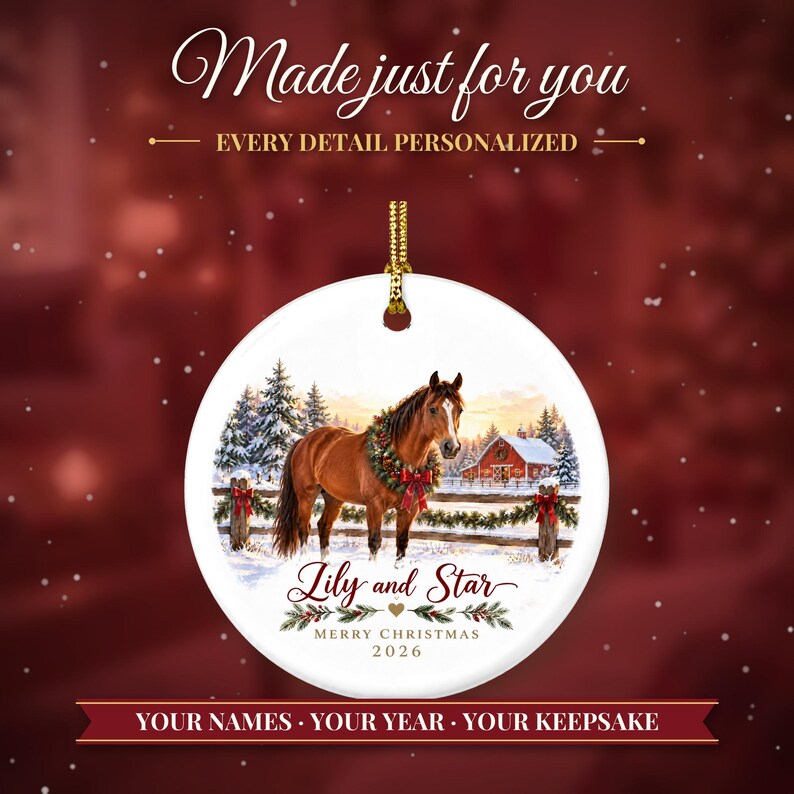 Horse Ornament Christmas 2026, Horse Lover Gift for Girls, Equestrian Name Keepsake, Snowy Barn Country Ceramic Tree Decor for Rider image 2