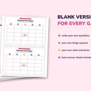 Puede incluir: Un conjunto de tarjetas de juego Bachelorette Bingo imprimibles con cuadr&iacute;culas en blanco, que incluyen el texto BLANK VERSIONS FOR EVERY GAME, write your own questions, your own bingo squares, your own rules and dares, y host answer sheets included.