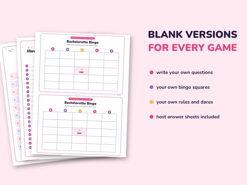 Puede incluir: Un conjunto de tarjetas de juego Bachelorette Bingo imprimibles con cuadr&iacute;culas en blanco, que incluyen el texto BLANK VERSIONS FOR EVERY GAME, write your own questions, your own bingo squares, your own rules and dares, y host answer sheets included.