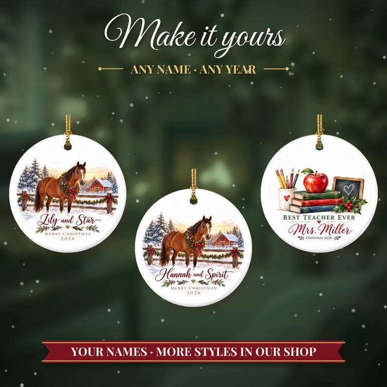 Horse Ornament Christmas 2026, Horse Lover Gift for Girls, Equestrian Name Keepsake, Snowy Barn Country Ceramic Tree Decor for Rider image 3