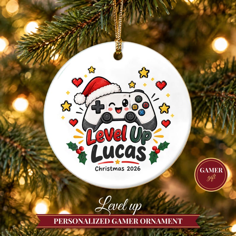 Gamer Ornament Christmas 2026, Gamer Gift for Boys and Teens, Level Up Custom Name Keepsake, Video Game Controller Ceramic Tree Decor image 1