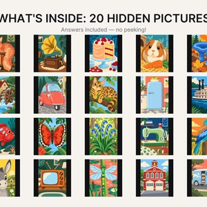 May include: A collection of 20 colourful illustrations titled WHAT'S INSIDE: 20 HIDDEN PICTURES. The grid features diverse scenes including a cat, gramophone, cake, guinea pig, mushrooms, watermill, car, leopard, fridge, boat, fish, butterfly, flowers, sewing machine, bird, donkey, television, dragonfly, fire station, and a van.