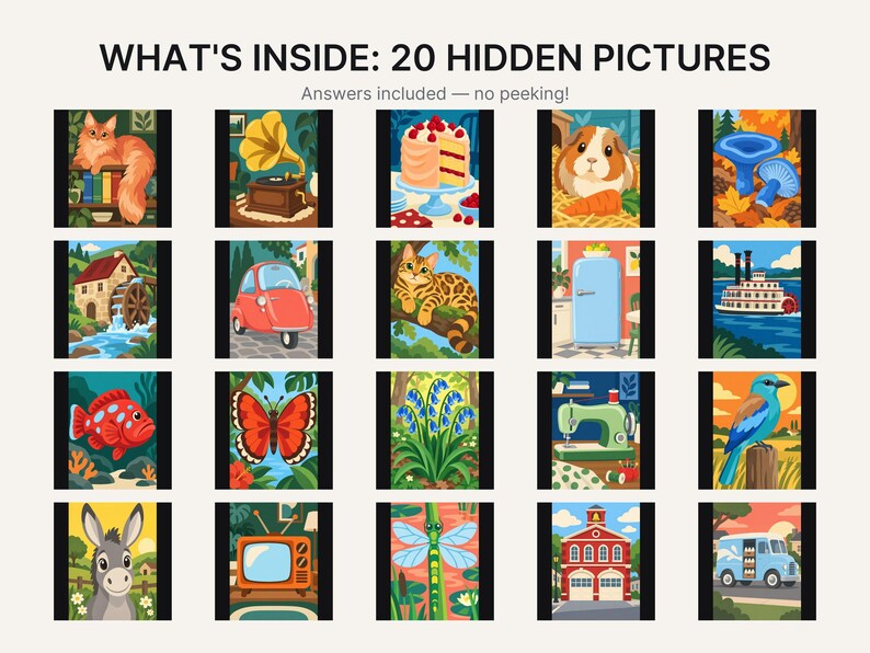 May include: A collection of 20 colourful illustrations titled WHAT'S INSIDE: 20 HIDDEN PICTURES. The grid features diverse scenes including a cat, gramophone, cake, guinea pig, mushrooms, watermill, car, leopard, fridge, boat, fish, butterfly, flowers, sewing machine, bird, donkey, television, dragonfly, fire station, and a van.