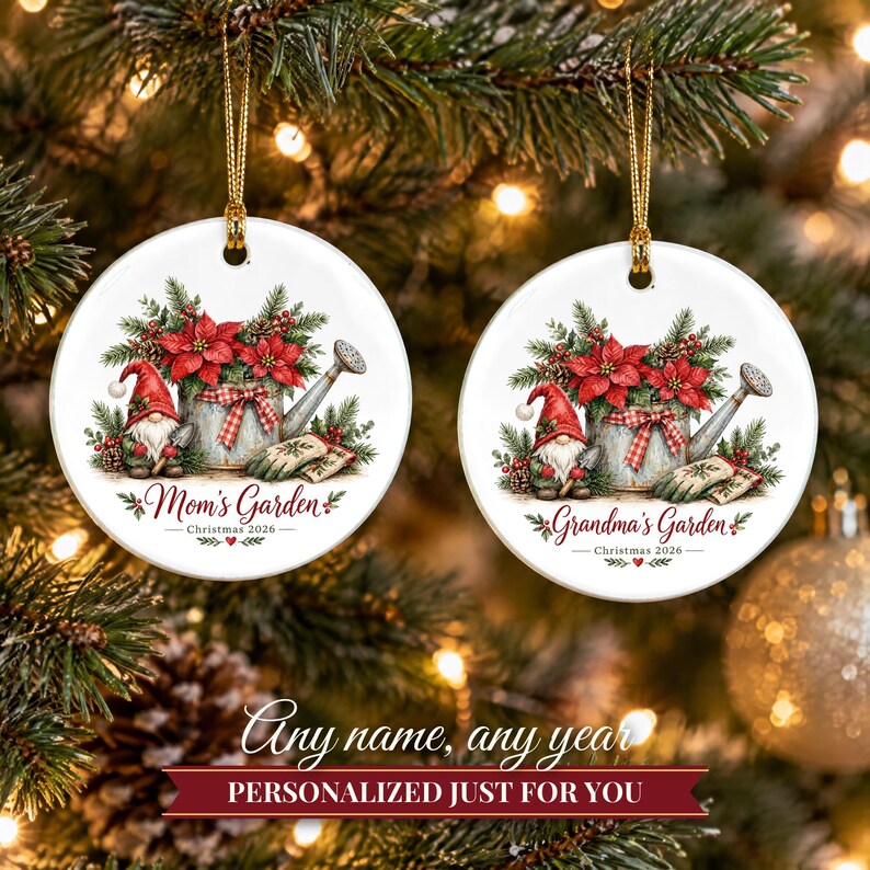 Gardener Gift Christmas Ornament 2026, Mom's Garden Custom Name Keepsake, Watering Can Poinsettia Gnome Ceramic Decor for Plant Lover image 9