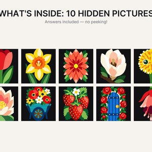 Pu&ograve; includere: Una stampa grafica intitolata WHAT'S INSIDE: 10 HIDDEN PICTURES con il sottotitolo Answers included &mdash; no peeking! L'immagine presenta dieci pannelli quadrati disposti su due file, ognuno dei quali mostra un'illustrazione colorata di fiori, fragole o una porta.