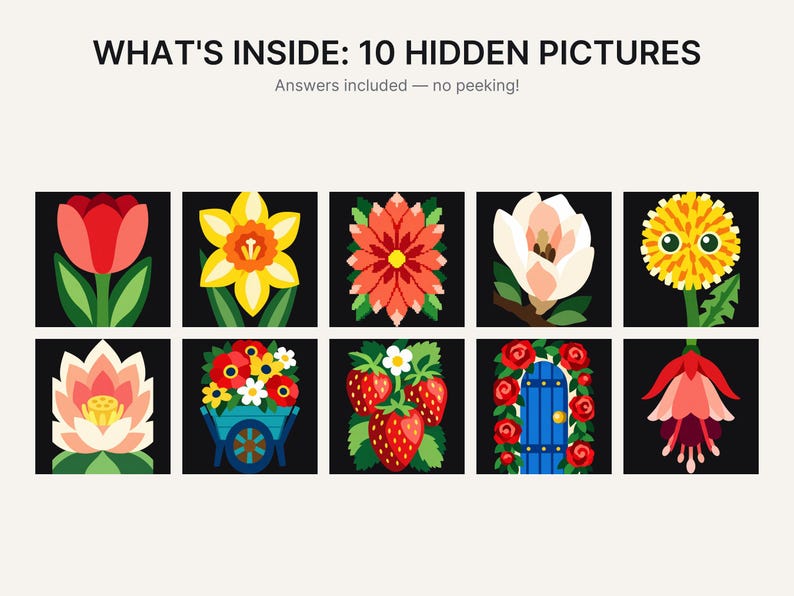 Pu&ograve; includere: Una stampa grafica intitolata WHAT'S INSIDE: 10 HIDDEN PICTURES con il sottotitolo Answers included &mdash; no peeking! L'immagine presenta dieci pannelli quadrati disposti su due file, ognuno dei quali mostra un'illustrazione colorata di fiori, fragole o una porta.