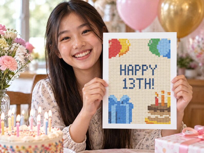 May include: A rectangular white print featuring a pixelated design with the text HAPPY 13TH! in dark blue. The graphic includes colorful balloons in red, yellow, green, and blue, a blue gift box, and a brown birthday cake with three lit candles.