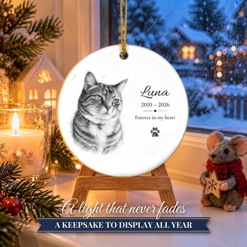 Personalized Cat Memorial Ornament from Photo, Custom Cat Portrait Sketch, Cat Memorial Gift, Pet Loss Gift, Cat Sympathy Keepsake zdjęcie 13