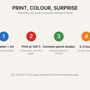 May include: An instructional graphic titled PRINT, COLOUR, SURPRISE with the subtitle Everything you need is probably already at home. It features four numbered circles in blue, red, green, and orange, detailing printing instructions, paper sizes, tools, and time. A tip about 120 g/m2 (32 lb) paper is included at the bottom.
