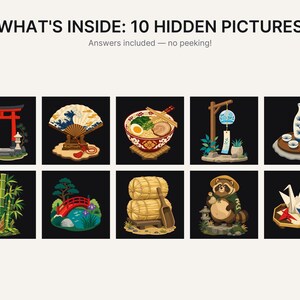 以下が含まれることがあります： WHAT'S INSIDE: 10 HIDDEN PICTURESというタイトルのグラフィックで、黒い背景に10個の正方形のイラストが描かれています。赤い鳥居、扇子、ラーメンの丼、風鈴、酒器セット、竹、赤い橋、藁束、タヌキ、折り鶴が描かれています。