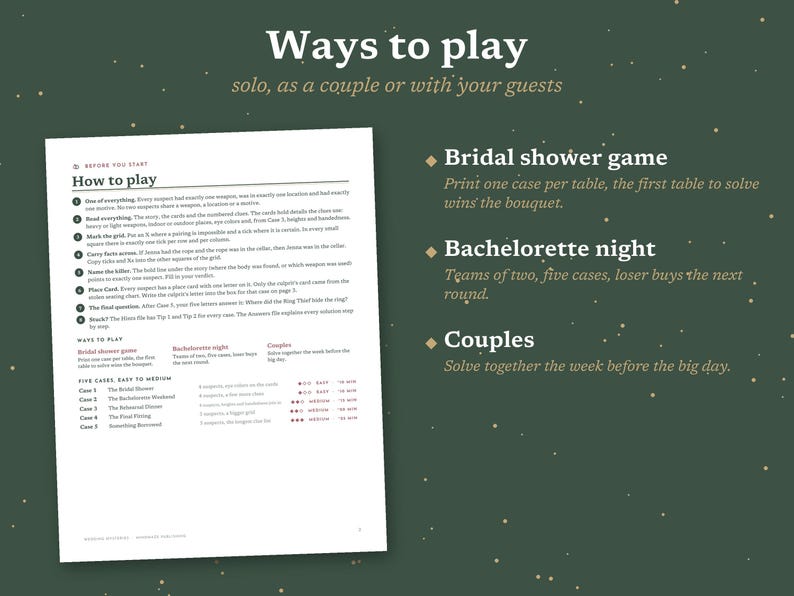May include: A white instructional document titled Ways to play, solo, as a couple or with your guests, featuring a How to play section with numbered steps, a list of five cases with difficulty levels, and descriptions for bridal shower, bachelorette, and couples games.
