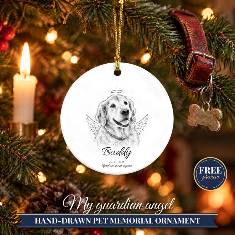 Adorno conmemorativo para mascotas de doble cara con alas de ángel, retrato personalizado de perro a partir de una foto, Puente Arcoíris, regalo para recordar a una mascota fallecida, regalo en memoria de un perro. imagen 1