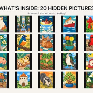 K&ouml;nnte beinhalten: Ein Raster aus zwanzig farbenfrohen Illustrationen mit dem Titel WHAT'S INSIDE: 20 HIDDEN PICTURES. Die Bilder zeigen verschiedene Motive, darunter eine Katze, eine Uhr, einen Eisbecher, ein Schiff, Pilze, Blumen, V&ouml;gel, eine Eidechse und Pflanzen.