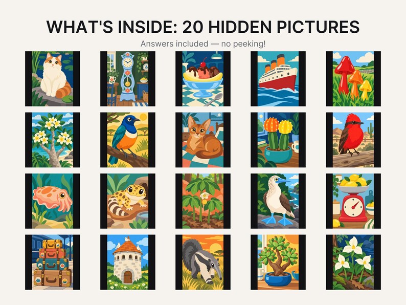 K&ouml;nnte beinhalten: Ein Raster aus zwanzig farbenfrohen Illustrationen mit dem Titel WHAT'S INSIDE: 20 HIDDEN PICTURES. Die Bilder zeigen verschiedene Motive, darunter eine Katze, eine Uhr, einen Eisbecher, ein Schiff, Pilze, Blumen, V&ouml;gel, eine Eidechse und Pflanzen.