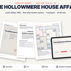 Puede incluir: Un juego de misterio titulado The Hollowmere House Affair, que incluye documentos impresos como un expediente, transcripciones de entrevistas y un plano. Una tableta muestra el t&iacute;tulo y los iconos indican compatibilidad con US Letter, A4 e iPad.