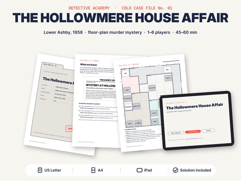 Puede incluir: Un juego de misterio titulado The Hollowmere House Affair, que incluye documentos impresos como un expediente, transcripciones de entrevistas y un plano. Una tableta muestra el t&iacute;tulo y los iconos indican compatibilidad con US Letter, A4 e iPad.