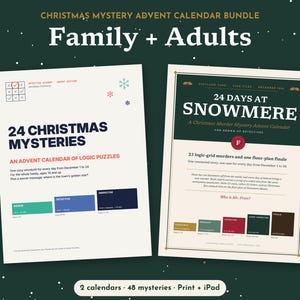 Puede incluir: Un paquete de calendario de Adviento de misterio navideño con dos documentos impresos. El documento de la izquierda se titula 24 Christmas Mysteries, un calendario de Adviento de acertijos lógicos. El de la derecha es 24 Days at Snowmere.