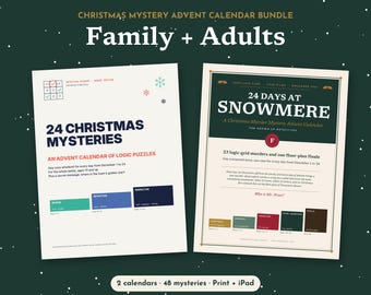 May include: A Christmas mystery advent calendar bundle featuring two printed documents. The left document is titled 24 Christmas Mysteries, an advent calendar of logic puzzles. The right document is titled 24 Days at Snowmere, a murder mystery calendar.