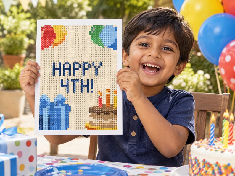 May include: A rectangular diamond painting craft project featuring a beige background with a grid pattern. The design includes the blue text HAPPY 4TH!, a blue gift box, a brown birthday cake with three candles, and colorful balloons.